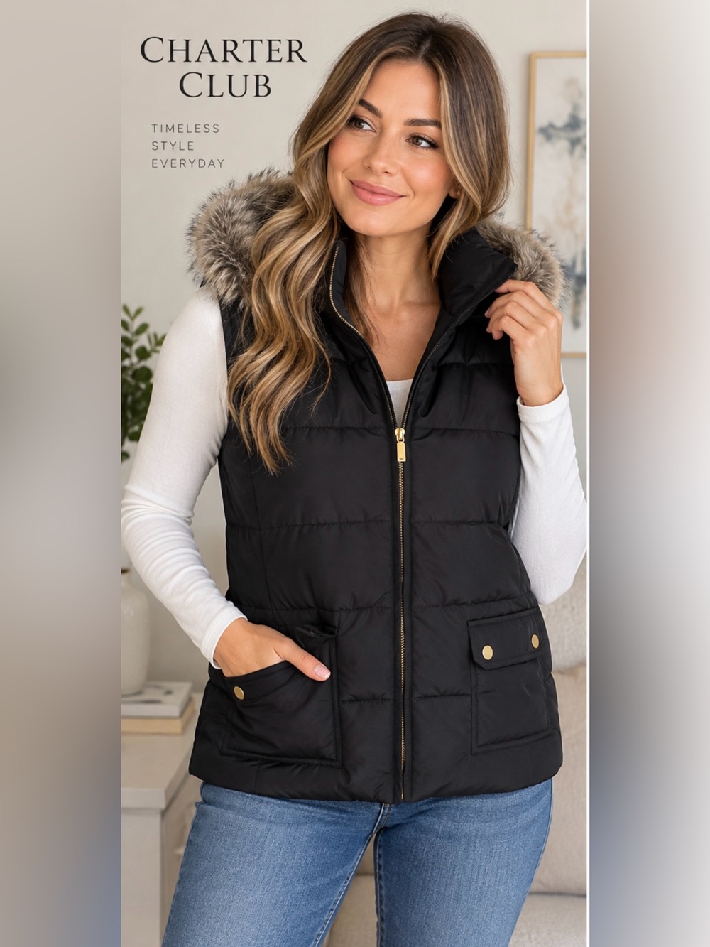 Charter Club Women’s Black Quilted Puffer Vest with Faux Fur Trim Hood Size XL